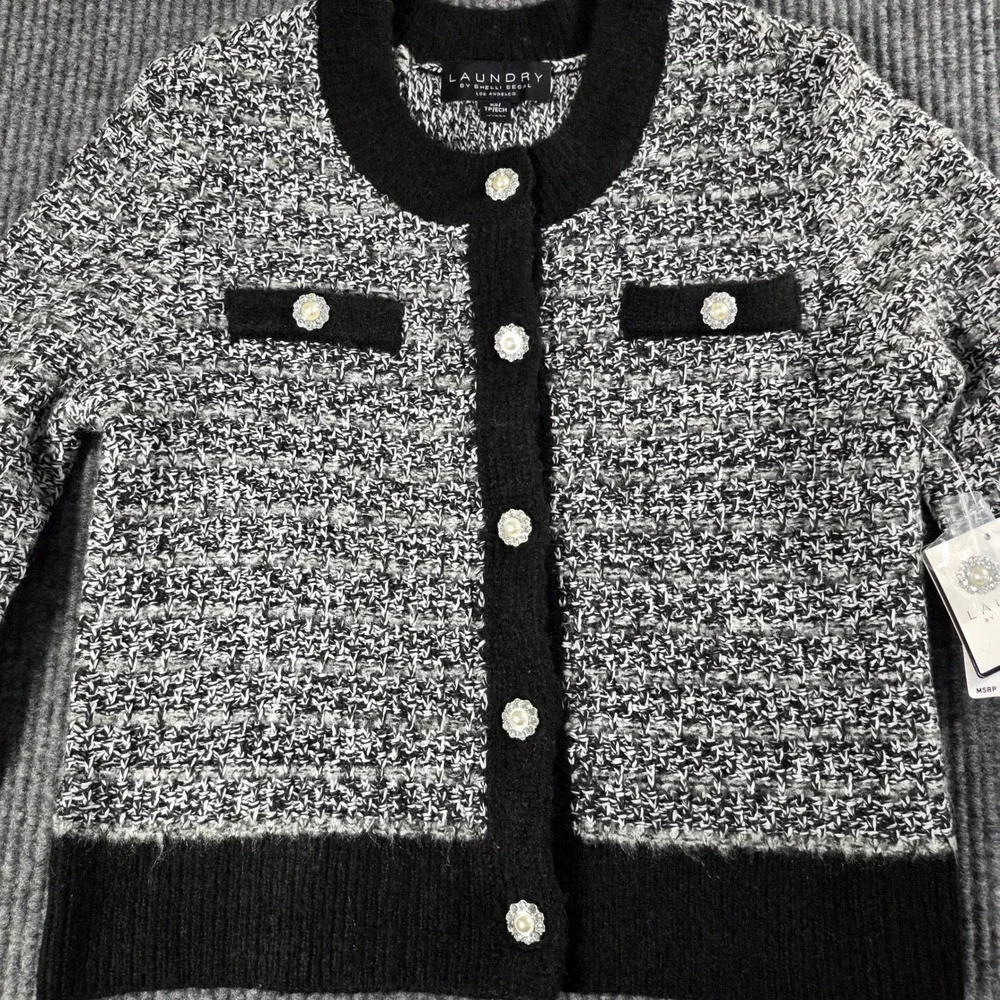 Laundry by Shelli Segal Black White Tweed Knit Cardigan Pearl Button‎ Sweater XS